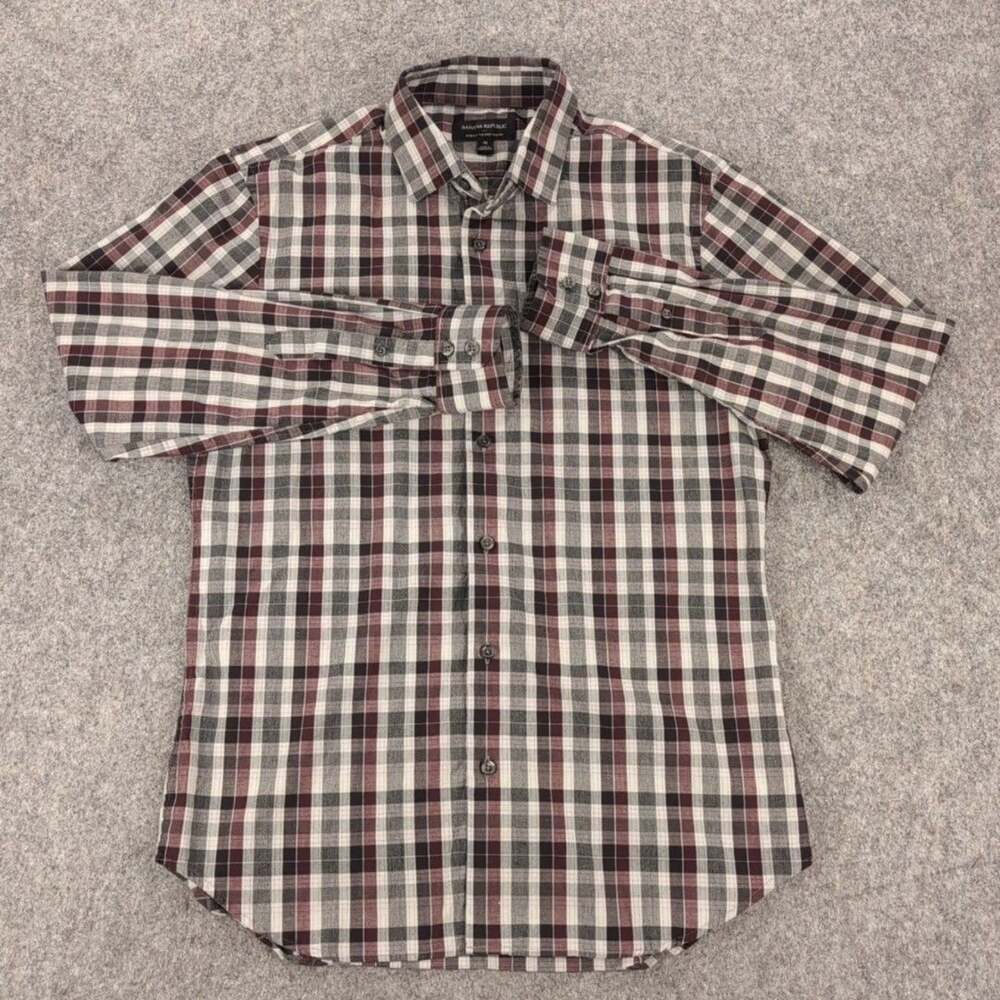 Banana Republic Shirt Mens Medium Burgundy Gray Plaid Stretch Slim Fit Button Up